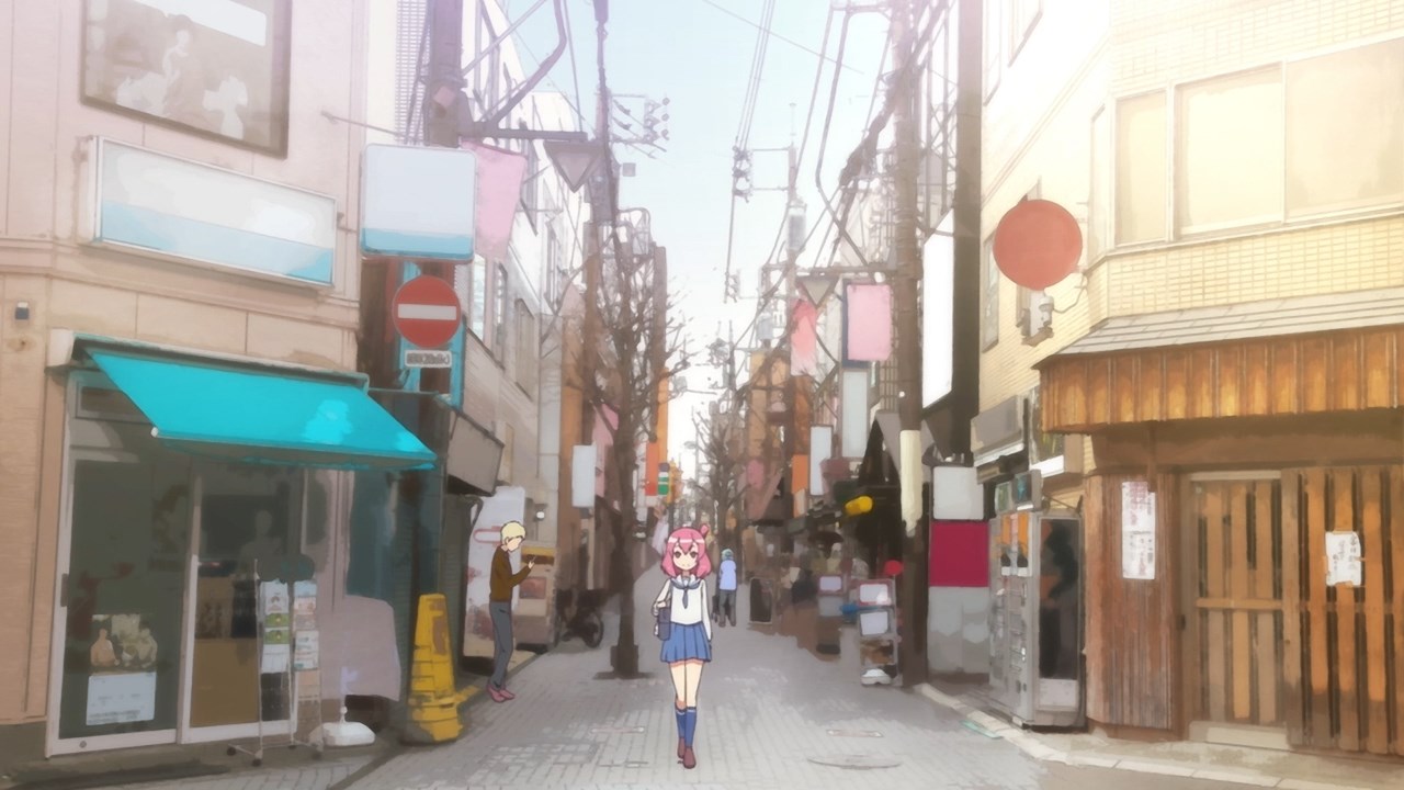 Usagi-chan walking towards school against a photographic background of a typical Urawa neighbourhood